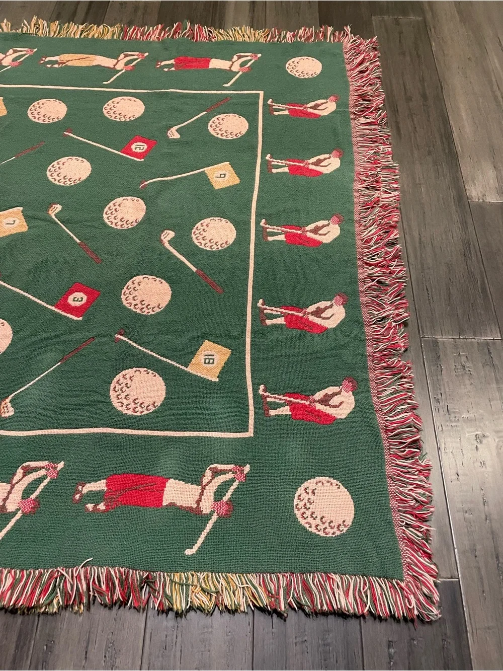 Vintage Golf Woven Throw Blanket Afghan Fringe Golf Ball Club Flag Golfer 70x40